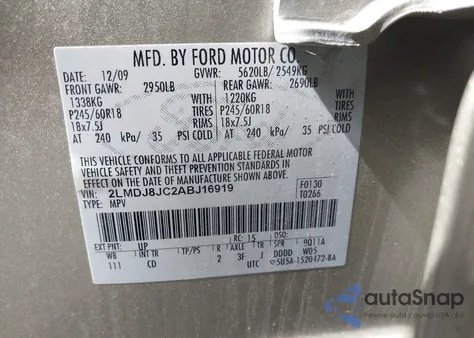 2010 Lincoln Mkx z USA, uszkodzony, nr VIN 2LMDJ8JC2ABJ16919